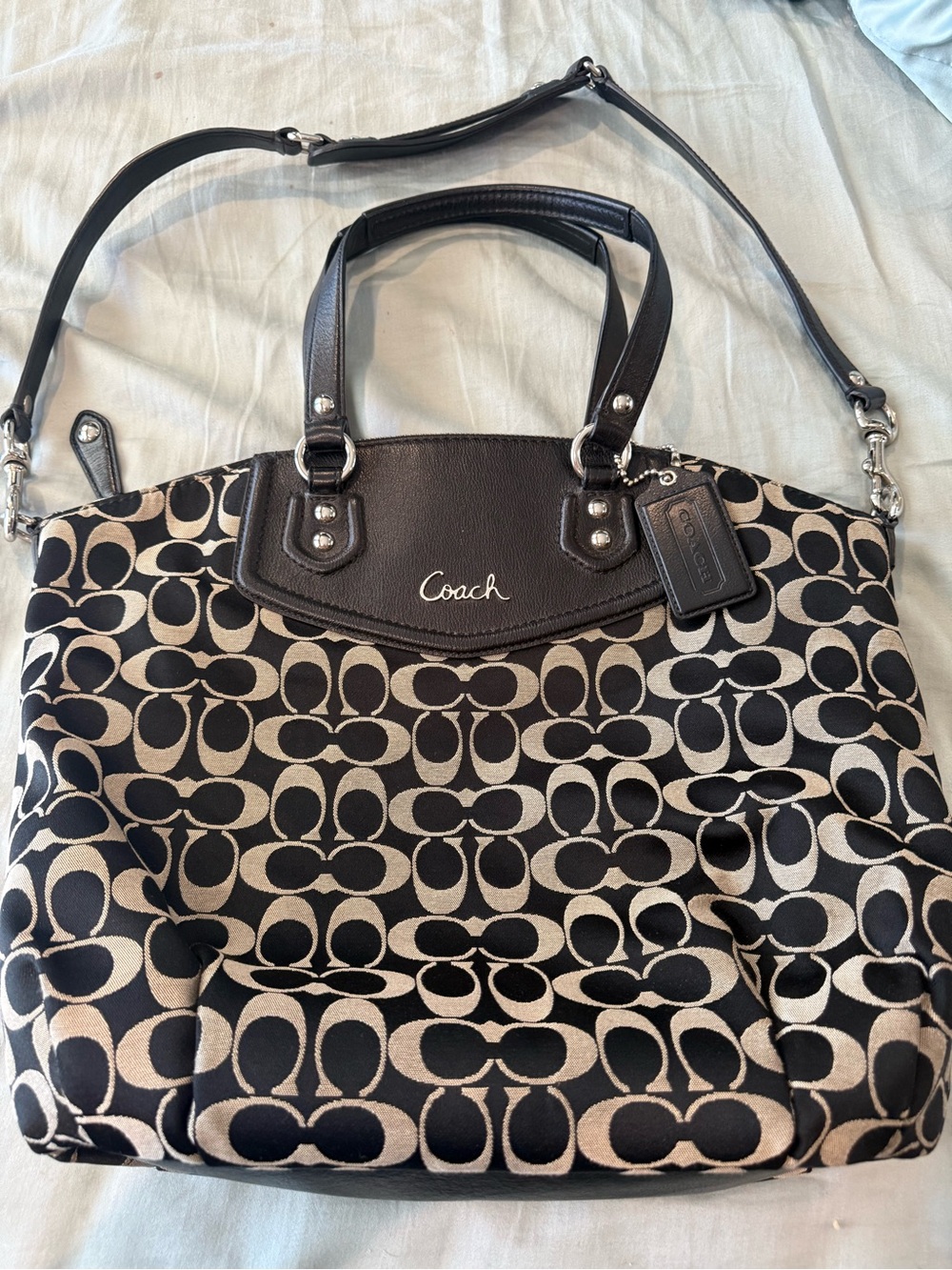 Coach Black & Khaki Signature Tote with Leather Trim